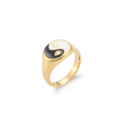 Bagues Argent Lisse Bague Acier - Émail Yin et Yang - 13 mm - Dorure Or