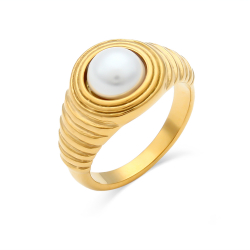 Ringe Edelstahl Minerale Anillo Acero  - Mineral Perla 7,5mm - T12 - Color Oro