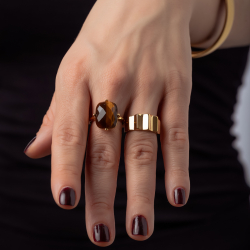 Steel Stones Rings Steel Ring - Mineral Tiger's Eye - 16*12mm - Gold Plated