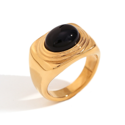 Ringe Edelstahl Minerale Stahlring - Schwarzer synthetischer Onyx 10*8 mm - Farbe Gold und Stahl