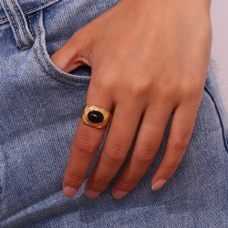 Steel Stones Rings Steel Ring - Black synthetic onyx 10*8 mm - Gold and Steel
