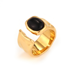 Ringe Edelstahl Minerale Verstellbarer offener Stahlring – Runde schwarze Onyx-Simulation – 12 mm – Goldfarbe