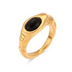 Ringe Edelstahl Minerale Stahlring – Runde schwarze Onyx-Simulation – 9 mm – Goldfarbe