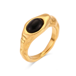 Bagues Acier Minéral Bague  en Acier - Simulation Onyx Noir Rond - 9 mm - Couleur Or