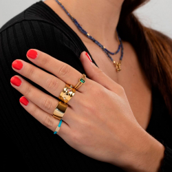 Steel Zirconia Rings Open Steel Ring - Hammered - Zircon Multi - Gold Plated