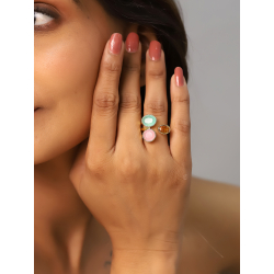 Bronze Stone Rings Adjustable Ring Bronze Mineral - Simile Rose Quartz and Chalcedony - 20mm - Gold Plated