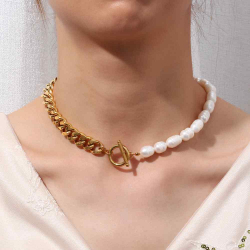 Steel Necklaces Steel Necklace - Pearl 18*10mm - 39cm - Gold Plated