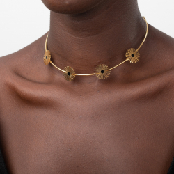 Steel Necklaces Stainless Steel Necklace - 11cm Inside - Black Enamel Flower - Gold Colour