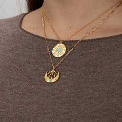 Steel Necklaces Flower Steel Necklace - Enamel Turquoise - 40+5 cm - Gold Color