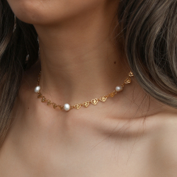 Steel Stones Necklaces Steel Heart Necklace - simile  Pearl - 40 + 5 cm - Gold Colour