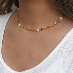 Steel Stones Necklaces Steel Plate Necklace - Simile Pearl - 40 + 5 cm - Colour Gold