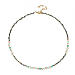 Colliers Acier Minéral Collier Acier Minéral Turquoise Africaine et Amazonite - 38 + 4 cm - Couleur Or