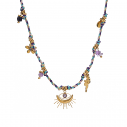 Steel Stones Necklaces Steel Thread Necklace - Evil Eye - Natural Amethyst Mineral - 40+5cm - Gold-Tone