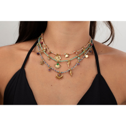 Steel Stones Necklaces Steel Thread Necklace - Evil Eye - Natural Amethyst Mineral - 40+5cm - Gold-Tone