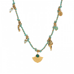 Steel Stones Necklaces Steel Thread Necklace - Shell - Natural Chrysoprase Mineral - 40+5cm - Gold-Tone