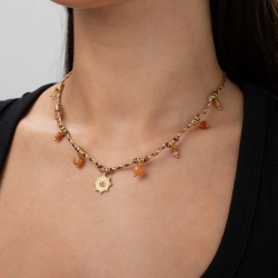 Steel Stones Necklaces Steel Thread Necklace - Sun - Red Aventurine Mineral - 42+5cm - Gold-Tone