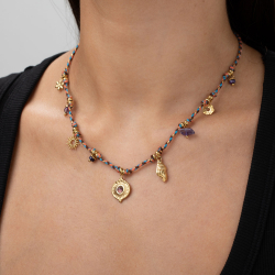 Steel Stones Necklaces Steel Thread Necklace - Sun - Amethyst Mineral - 42+5cm - Gold-Tone