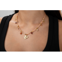 Steel Stones Necklaces Steel Thread Necklace - Flower - Red Aventurine Mineral - 42+5cm - Gold-Tone