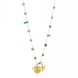 Steel Stones Necklaces Necklace Steel Smooth - Pearl - Starfish - Shell - 42+5 cm - Gold Color and Steel Color