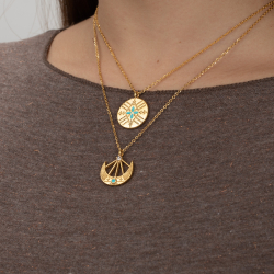 Steel Zircon Necklaces Zirconia Steel Necklace - Enamel Turquoise - Moon - 40+5 cm - Gold color