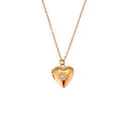 Collar Acero Circonita Collar Acero Porta Foto - Corazón - 42 + 5 cm - Bañado Oro