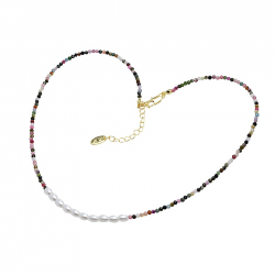 Bronze Stone Necklaces Mineral and Pearl Necklace - Tourmaline -  38+5 cm - Gold Plated