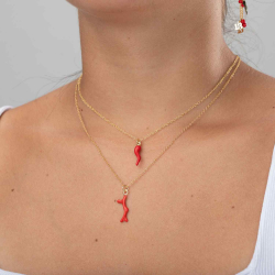 Silver Necklaces Coral Charm Necklace - 38+5cm - Red Enamel - Gold Plated and Rhodium Silver