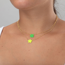 Collar Plata Lisa Collar Purpurina - Hoja de trébol Verde - 30+10 cm - Bañado Oro