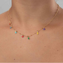 Silver Necklaces Charm Necklace - Enamel Multi - 38+5 cm - Gold Plated and Rhodium Silver