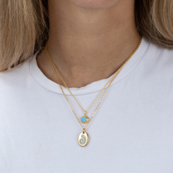 Silver Necklaces Silver Necklace - Good Luck Turkish Eye - Turquoise Enamel - Gold Plated Silver And Rhodium Plated Silver