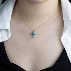 Silver Stone Necklaces Stone Necklace - Cross 12-16mm - Gold Plated - Turquoise