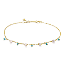 Silver Stone Necklaces Turquoise Pearl Minerals Necklace - 40 + 6 cm - Gold Plated and Rhodium Silver