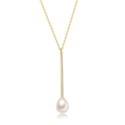 Silver Stone Necklaces Necklace Mineral Barra - Cultured Pearl 8,5 - 9 mm - 39+5 cm - Gold Plated and Rhodium Silver