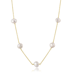 Silver Stone Necklaces Mineral Necklace - 5 Baroque Cultured Pearls ~9 mm - 42+5 cm - Gold Plated and Rhodium Silver