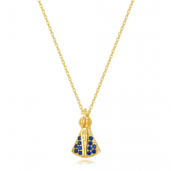 Halsketten Silber Zirkonia Silberkette – Muttergottes auf der Säule – 14 mm – Blauer Zirkonia – 45 + 5 cm – Gold- und rhodiniert