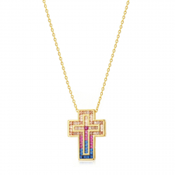 Halsketten Silber Zirkonia Silberne Halskette mit mehreren Zirkonia – Kreuz – 27×20 mm – 45 + 5 cm – vergoldet und rhodiniert