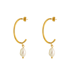 Steel Earrings Semi Steel Hoop Earring Pearl - 30+6 mm - Gold Plated