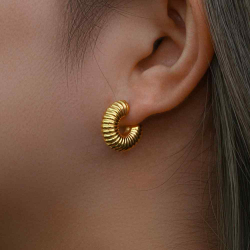 Steel Earrings Striped  Steel Semi Hoop Earrings - 33 mm and 18 mm - Gold Plated and Rhodium Silver