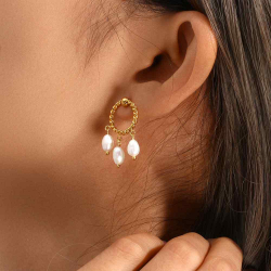 Steel Earrings Steel Pearl Earring - 28 mm - Gold Plated