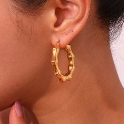 Steel Earrings Earring Steel Aro Hollows - Bamboo - 38 mm - Color Gold and Color Steel
