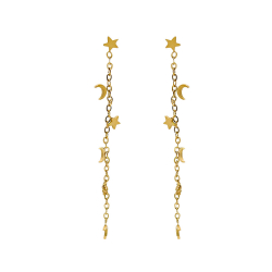 Steel Earrings Steel Earrings - Chain of Stars and Moons - 58 mm - Gold Color and Steel Color