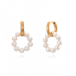 Steel Stone Earrings Double Hoop Steel Earrings - Pearl - 29 mm - Gold Color