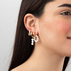 Steel Stone Earrings Double Hoop Steel Earrings - Pearl - 29 mm - Gold Color