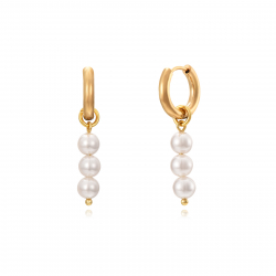 Steel Stone Earrings Hoop Steel Earrings - Pearl - 37 mm - Gold Color