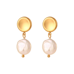 Steel Stone Earrings Circle Steel Earrings - Pearl - 32 mm - Gold Color