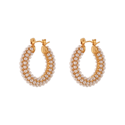 Steel Stone Earrings Steel Earring - Pearl Hoop - 25 mm - Gold Color