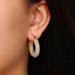 Steel Stone Earrings Steel Earring - Pearl Hoop - 25 mm - Gold Color