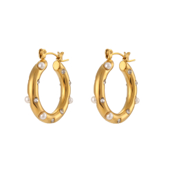 Steel Stone Earrings Steel Earring - Pearl Hoop - 24 mm - Gold Color