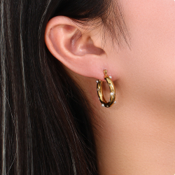 Steel Stone Earrings Steel Earring - Pearl Hoop - 24 mm - Gold Color