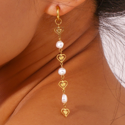 Steel Stone Earrings Steel Earrings Hoop - simile Pearl Heart - 12+68mm - Gold Colour